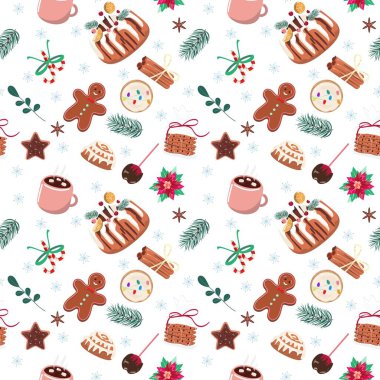 Tatlı kış pişirme şablonu pasta, zencefilli kurabiye adam, baston şeker ve kurabiye. Kış pişirme geçmişi. Paket kağıdı, duvar kağıdı, tekstil ve ambalaj için. 