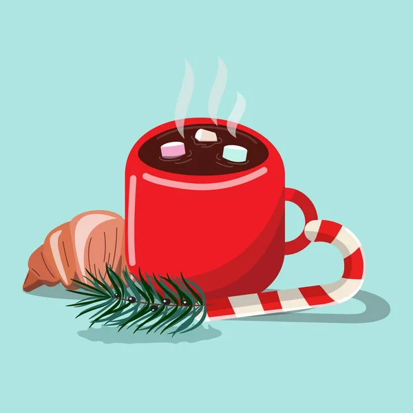 Roztomilý Červený Hrnek Horkou Čokoládou Marshmallow Červený Šálek Jedlovou Větví — Stockový vektor