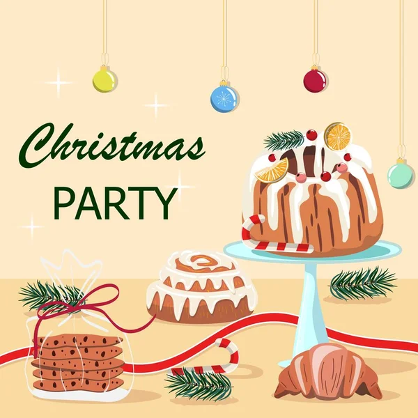 Ponte Pie Con Pastel Navidad Mesa Con Galletas Croissant Rollo — Vector de stock