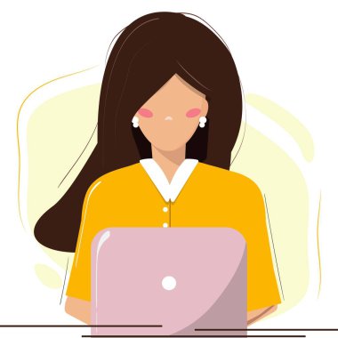 Bilgisayarda çalışan genç bir kadın, dizüstü bilgisayar. Ofis, ev ofisi, uzaktan çalışma konsepti. Öğrenci, serbest çalışan, dizüstü bilgisayarda çalışan bir kadın.. 