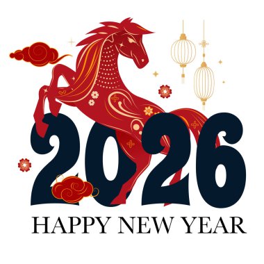 Çin Yeni Yılı 2026, çiçekli kırmızı at, koyu siyah sayılar, fenerler, bulutlar, selamlama, festival sanatı