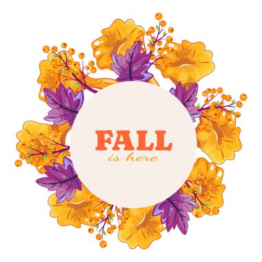 Chanterelle mantarlı, portakal meyveli sonbahar çelengi.