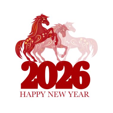 Mutlu yıllar 2026, kırmızı atlar, stilize illüstrasyon, şenlikli selamlama, modern kutlama, binicilik sanatları