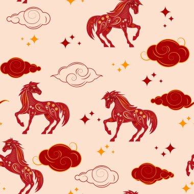 At deseni, kusursuz kırmızı atlar, bulutlar, Çin Yeni Yılı, 2026, kutlama tasarımı, tekrarlanabilir arka plan sanatı.