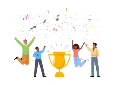 Kutlama kupası, konfeti, çeşitli insanların kazanması, atlama, başarı, altın kupa, zafer sevinci, takım başarısı