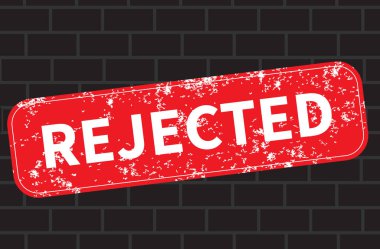 Reddedilmiş pul, kırmızı beyaz grunge mühür, siyah tuğla duvar, kalın büyük metin, reddedilmiş, uyarı, olumsuz sonuç, işaretle,