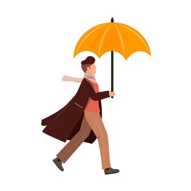 Sarı şemsiye altında yürüyen adam, sonbahar sahnesi, çizgi film çizimi, eşarp, ceket, yağmurlu hava yaratıcı modern sanat.