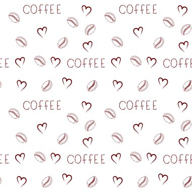 Kahve pürüzsüz desen, kahve çekirdekleri, aşk kalpleri, karalama el çizimi vektör, kafe tekstil veya arka plan için şirin tasarım..