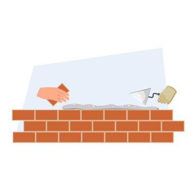 Tuğla duvar inşaat vektörü, mala ve tuğladan el yapımı, ev yapımı, duvarcılık, DIY yenileme çizimi