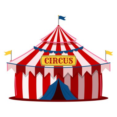 Büyük sirk çadırı çizimleri, klasik kırmızı beyaz çizgiler, tabela, bayram karnaval simgesi, bayraklar, gösteri girişi.