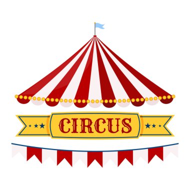 Sirk çadırı pankartı vektörü, kırmızı ve beyaz çizgiler, sarı CRCUS işareti, bayrak bayrağı, festival logosu illüstrasyonu