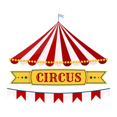 Sirk çadırı pankartı vektörü, kırmızı ve beyaz çizgiler, sarı CRCUS işareti, bayrak bayrağı, festival logosu illüstrasyonu