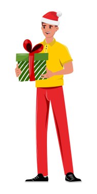 Noel Baba şapkalı gülümseyen teslimatçı elinde büyük bir hediye kutusu, Noel kurye servisi karakteri çizimi tatil alışverişi, nakliye ve kutlama için.