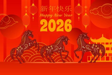 2026 Çin Yeni Yılı kırmızı tebrik kartı. İçinde fenerler, atlar ve şanslı bulutlar var.
