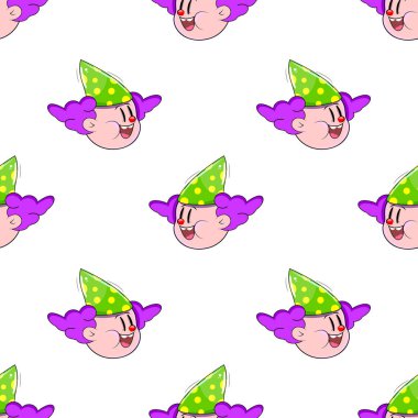 Tekrarlayan mutlu mor yüzlü kusursuz palyaço deseni, yeşil şapkalar, kumaş, duvar kağıdı, ambalaj kağıdı için beyaz arka plan dokusu, çocuk giyimi baskısı.