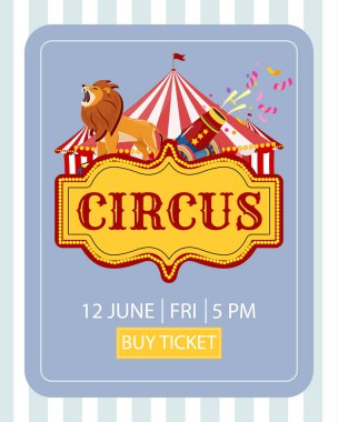 Çizgili büyük çadırlı sirk posteri, renkli konfeti atan toplar, giriş biletleri, sarı CRCUS kurdelesi, 12 Haziran Cuma 17: 00 tarihi ve mavi panelde bilet düğmesi.