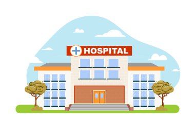 Merkezi girişi olan modern hastane dairesi tasarımı, acil durum sembolü, cam pencereler.