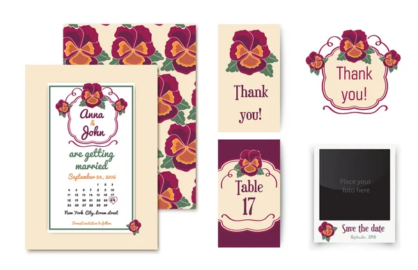Vektorový soubor pozvánky s květinovými odznak a elegantním pozadím. Vintage karty nebo svatební pozvánky. Svatební kolekce, pozvání, poděkování, tabulka číslo karty — Stockový vektor