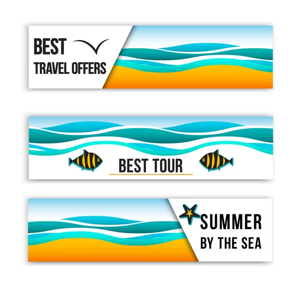 Nyáron a tenger zászlók. Nyári kollekció ihlette fejlécek. Nyári fejléc banner. Legjobb tour bannerek. — Stock Vector