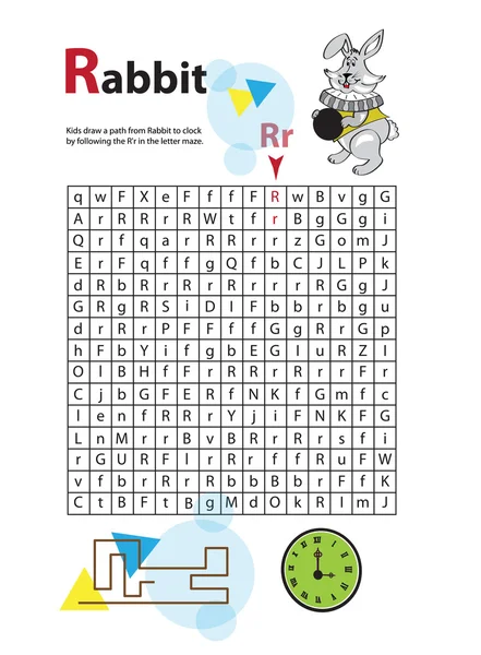 Lettre Maze R. Cette feuille de calcul aide les enfants à reconnaître et à nommer les lettres majuscules et minuscules. Les enfants exercent également des compétences de pensée et de motricité fine — Image vectorielle