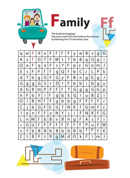 Lettre Maze F. Cette feuille de calcul aide les enfants à reconnaître et à nommer les lettres majuscules et minuscules. Les enfants exercent également des compétences de pensée et de motricité fine pendant qu'ils naviguent dans le labyrinthe . — Image vectorielle