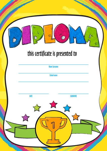 Modelo de vector de diploma o certificado infantil que se va a conceder. kindergarten Niños preescolares Plantilla de diseño del diploma. certificado de vector para la competencia — Vector de stock