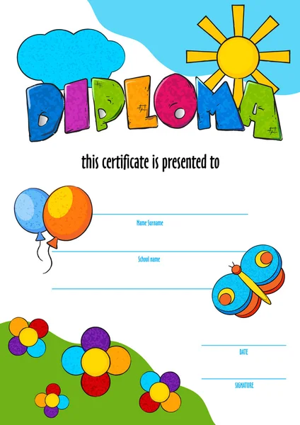 Template vector of child diploma or certificate to be awarded. kindergarten Preschool kids Diploma design template. vector vertical certificate for competition, art contest — Stock Vector