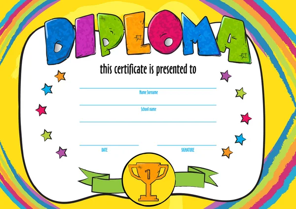 Modelo de vector de diploma o certificado infantil que se va a conceder. kindergarten Niños preescolares Plantilla de diseño del diploma. vector certificado horizontal para la competencia , — Vector de stock