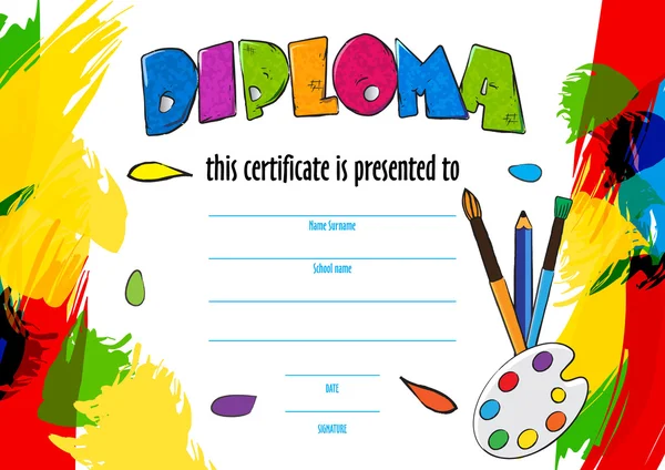 Vector Childrens diploma para la entrega en un concurso creativo en el jardín de infantes o la escuela. diploma de niños pinceles y paleta para artistas. Fondo vectorial — Vector de stock