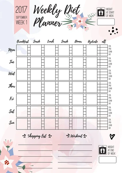 Weekly diet planner. Vector printable page for female notebook, journals or brochure. daily meal planner — Stock Illustration Weekly diet planner. Vector printable page for female notebook, journals or brochure. daily meal planner Stock Illustration
