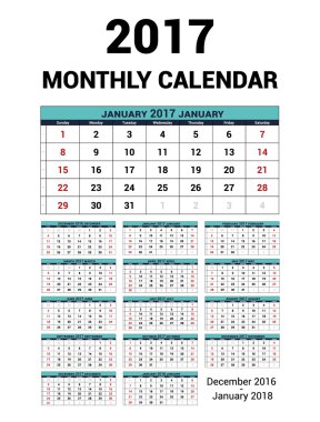 2017 yıl için aylık takvim. Vektör ileti örneği tasarım yazdırma şablonu. Hafta başlar Pazar. 14months - Aralık 2016 - Ocak 2018.