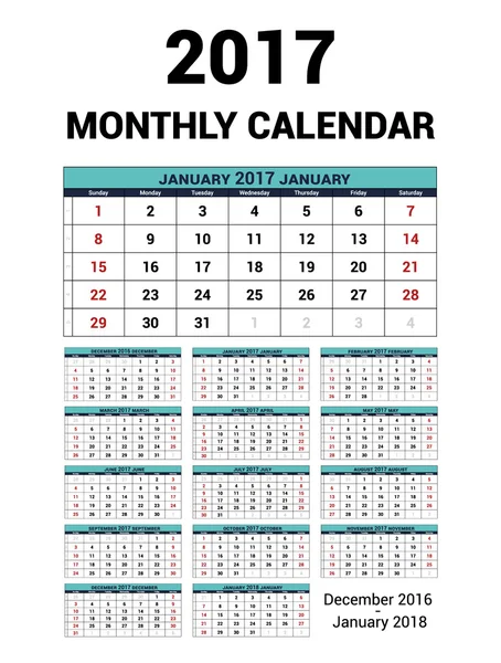 Kalender varje månad för år 2017. Vector brevpapper Print formgivningsmall. Veckan börjar söndag. 14months - december 2016 - januari 2018. — Stock vektor