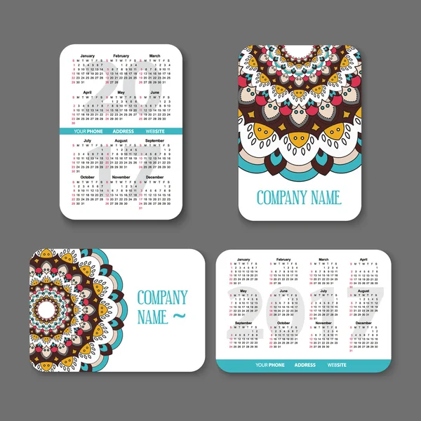 Modèle calendrier de poche design national 2017 avec mandala coloré. illustration vectorielle. Page verticale et horizontale — Image vectorielle