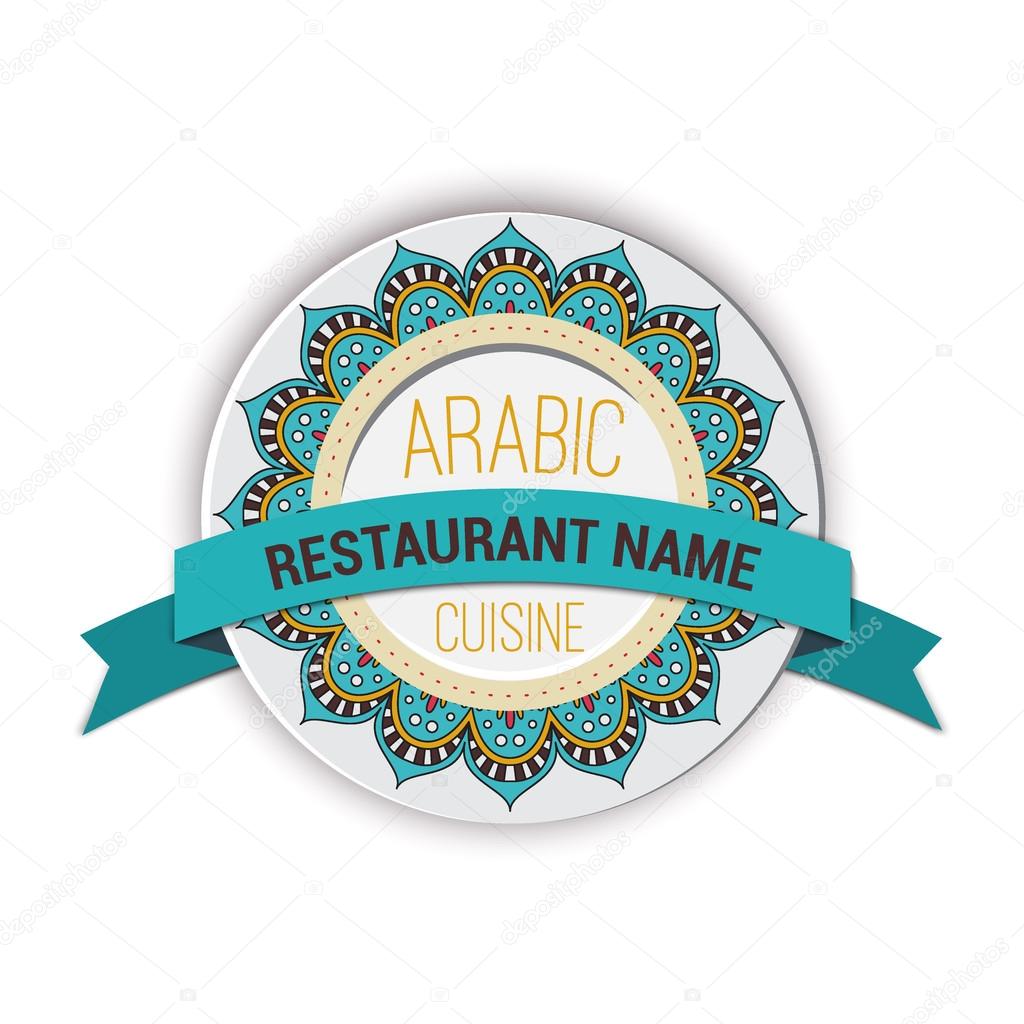 Restaurant emblem arabic cusine. Islam, Arabic, Indian motifs. Oriental vector mandala with ribbon.