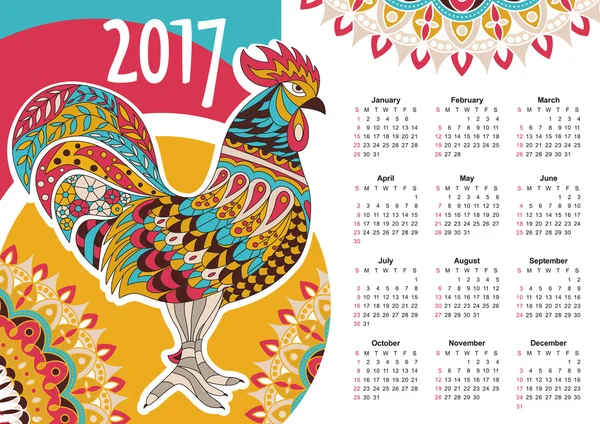 Calendrier vectoriel 2017. Coq coloré — Image vectorielle