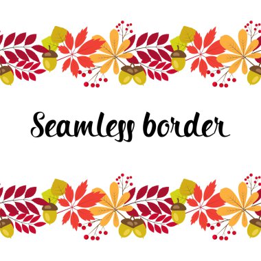 Vector horizontal seamless border with autumn leaves and berries on a white background. clipart