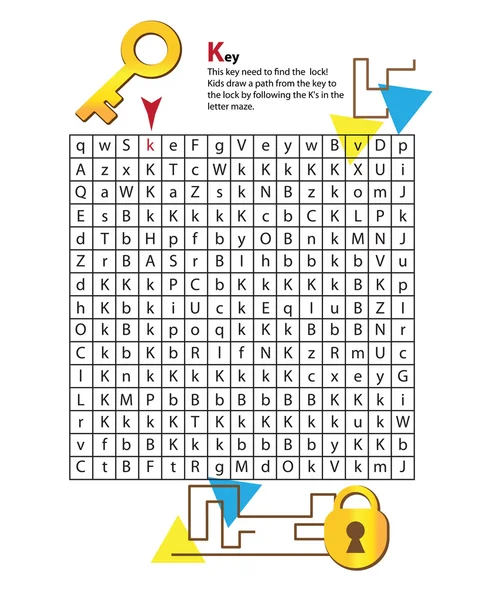 Letter Maze K. This worksheet helps kids recognize and name capital and lowercase letters. — Stock Vector