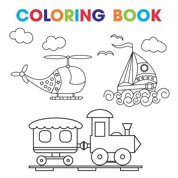 Livro para colorir ou página Desenhos animados Conjunto de ilustração vetorial de transporte preto e branco para crianças . —  Vetores de Stock