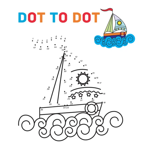 Книга раскраски Dot to dot. Лодку. Для обучения маленьких детей. Соедините точки по числам и нарисуйте картину. . — стоковый вектор