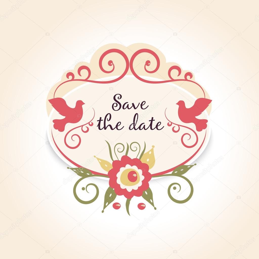 vintage wedding badge with floral decoration. A template with example text save the date.