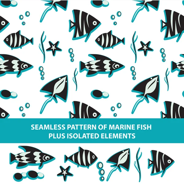 Χωρίς ραφή πρότυπο των ψαριών στη θάλασσα συν απομονωθεί στοιχεία ψαριών, φύκι, φυσαλίδες, ray, αστερίες. — Διανυσματικό Αρχείο