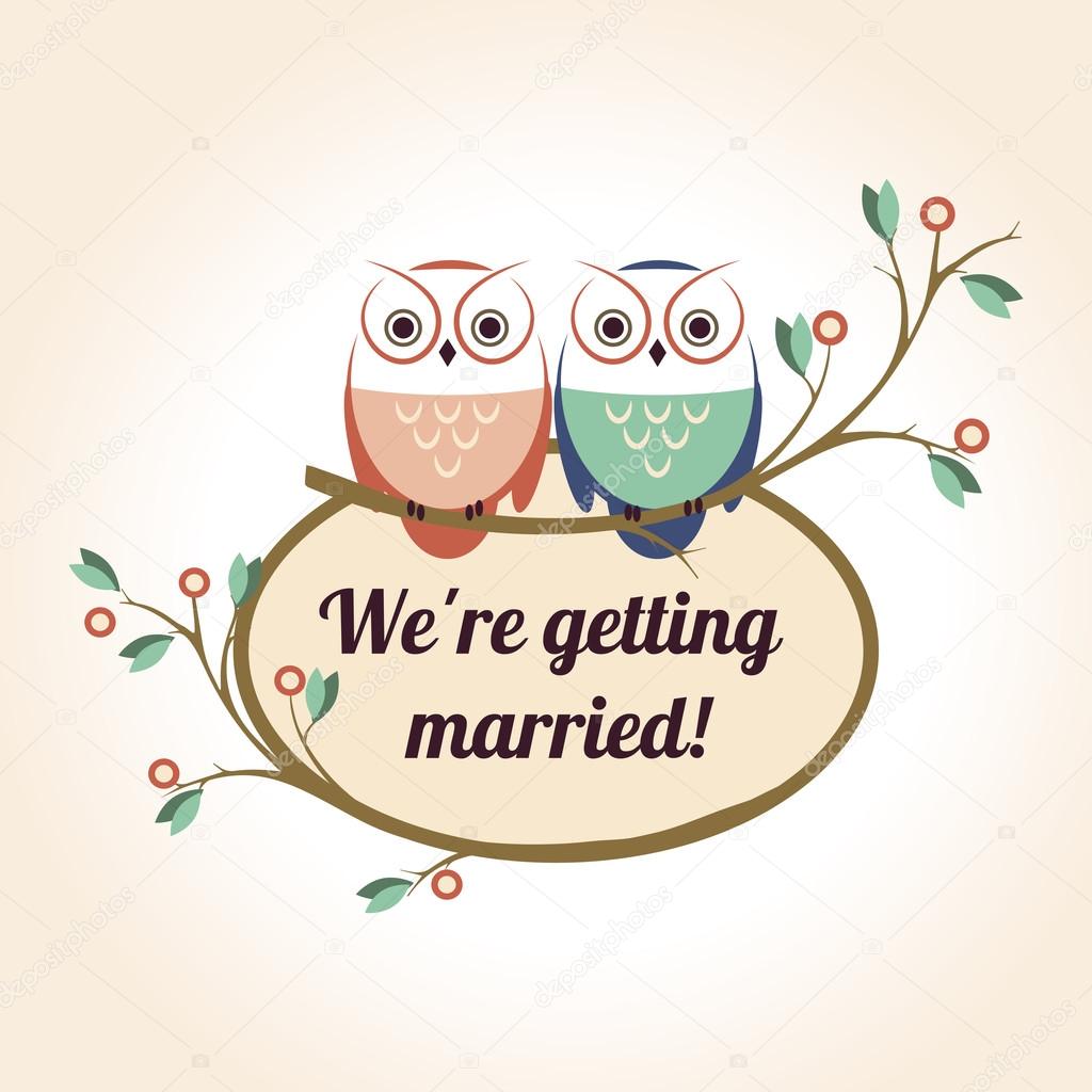 Retro badge with the couple wedding cute owls. vector illustration
