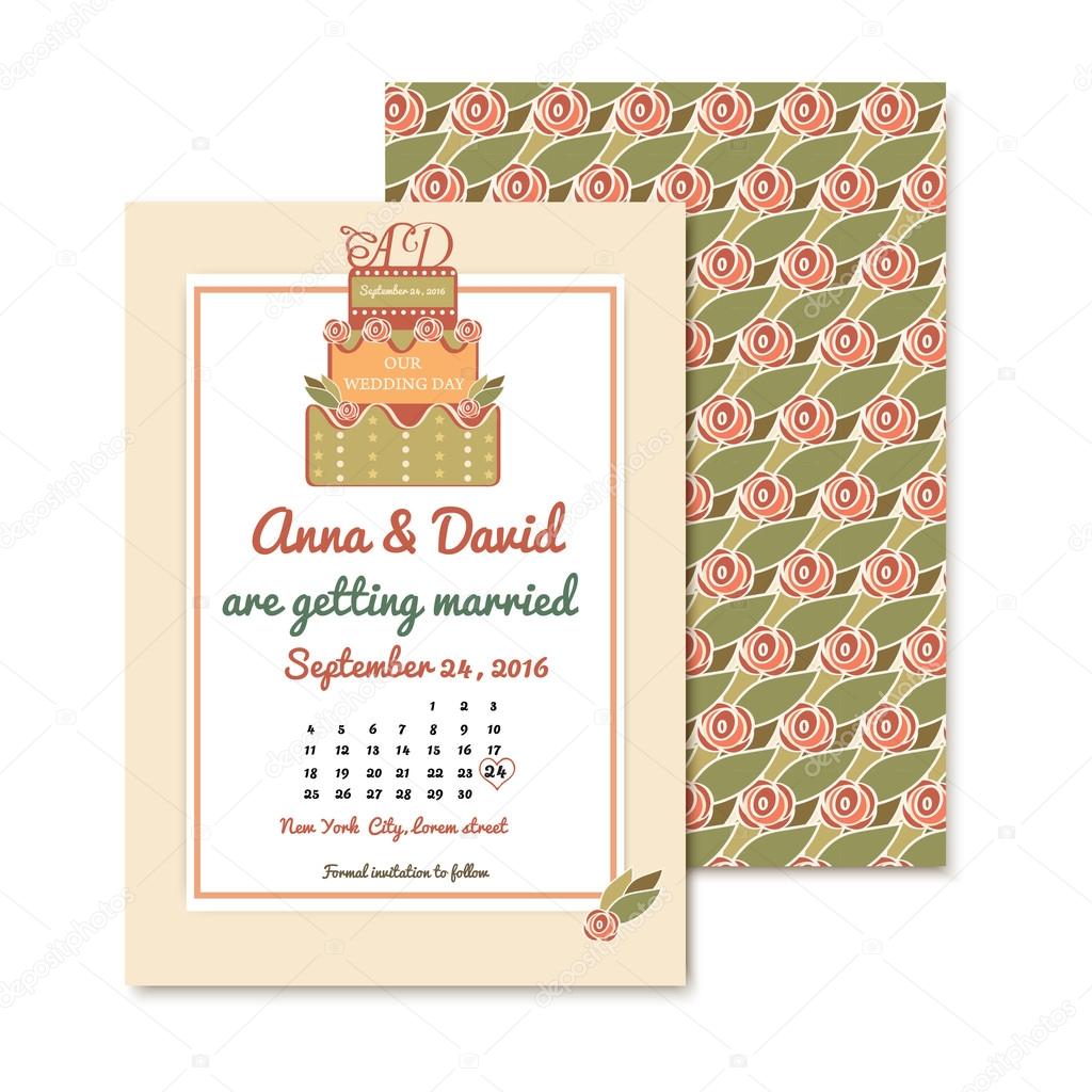 vintage wedding invitations with a badge in the shape of a cake. Vector design element