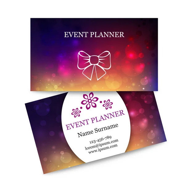 Plantilla tarjetas de visita coloridas para planificador de eventos. Fondo bokeh mágico abstracto. Efecto luz borrosa, ilustración vectorial . — Vector de stock