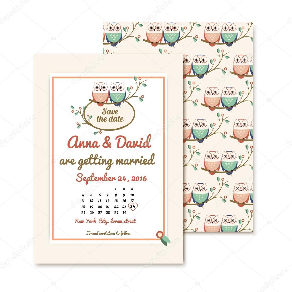 Retro invitations with the couple wedding cute owls. vector illustration