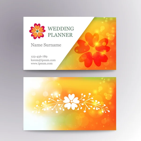 Plantilla de tarjeta de visita borrosa vectorial con flor de logotipo. Adecuado para planificadores de bodas — Archivo Imágenes Vectoriales