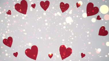 Sevgililer Günü için romantik bir arka plan animasyonu. Sayısız kırmızı kalp ve parlak konfeti parçacıklarının patladığı ve temiz beyaz arka planda çırpındığı bir kutlama patlaması. Aşk, romantizm, Sevgililer Günü, düğün temaları için mükemmel.