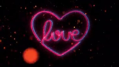 Canlı bir Sevgililer Günü animasyonu. Renkli konfeti parçacıkları ile parlayan neon ışıklı bir 