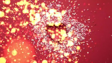 Kalp şeklinde bir kartta kırmızı bir zarf bulunan romantik bir Sevgililer Günü animasyonu. Derin bir şarap rengi arka planda canlı konfeti parçacıkları patlaması. Aşk temalı projeler, kutlamalar ve romantik promosyonlar için mükemmel..