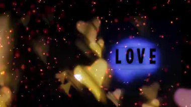 Parlayan altın kalplerle dolu romantik bir kutlama döngüsü canlı bir neon aşk işaretinin yanında titreşiyor ve renkli konfeti parçacıklarının patlamasıyla sonuçlanıyor. Sevgililer Günü için mükemmel, evlenme teklifleri, düğün unvanları, ve neşeli promosyon